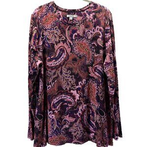 Chicos Women's Top Size XL Pink Purple Paisley Long Sleeve Knit Stretch Light